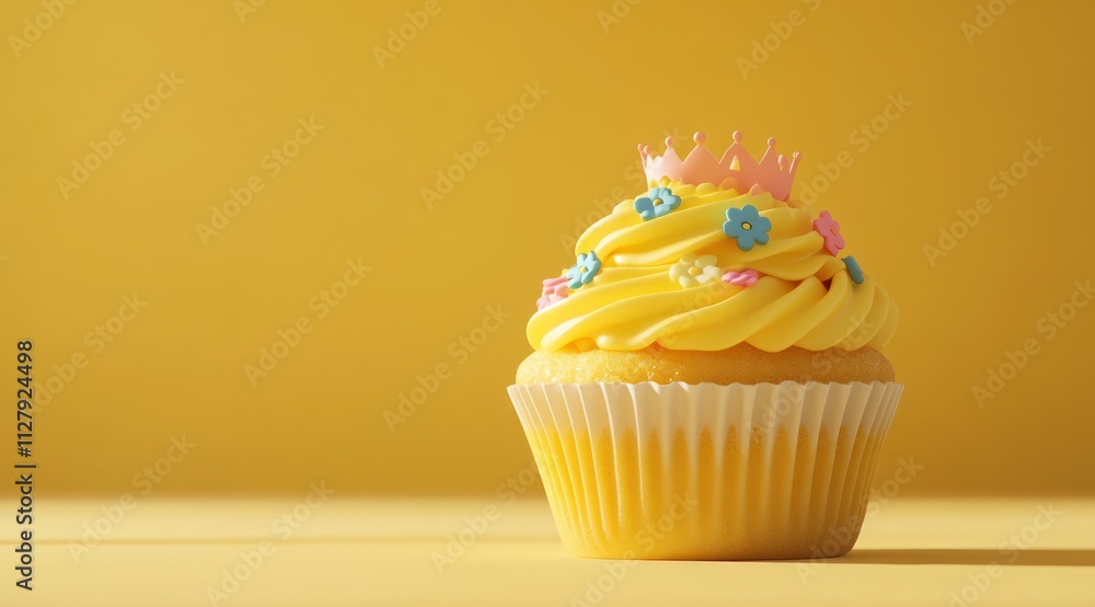 Yellow cupcake with pink crown and sprinkles on yellow background. Yellow cupcake with pink crown and sprinkles on yellow background.