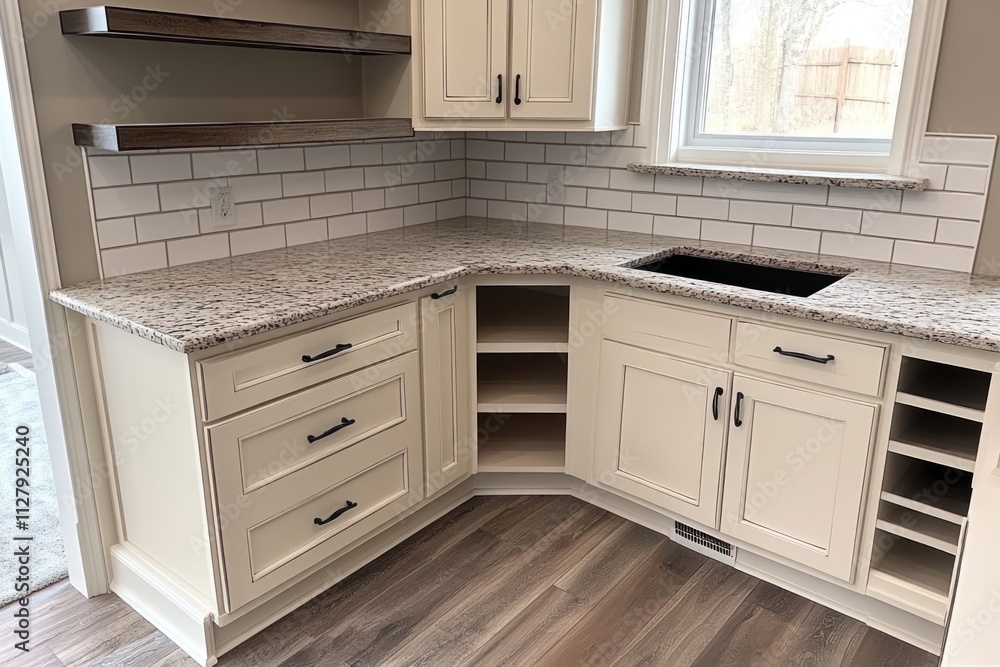 Fototapeta premium Corner kitchen cabinetry with granite countertops, white subway tile backsplash, and hardwood floors.