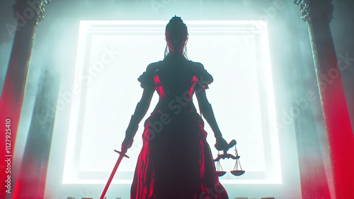 powerful silhouette of figure holding sword and scales, symbolizing justice and authority. dramatic lighting enhances mood of strength and determination