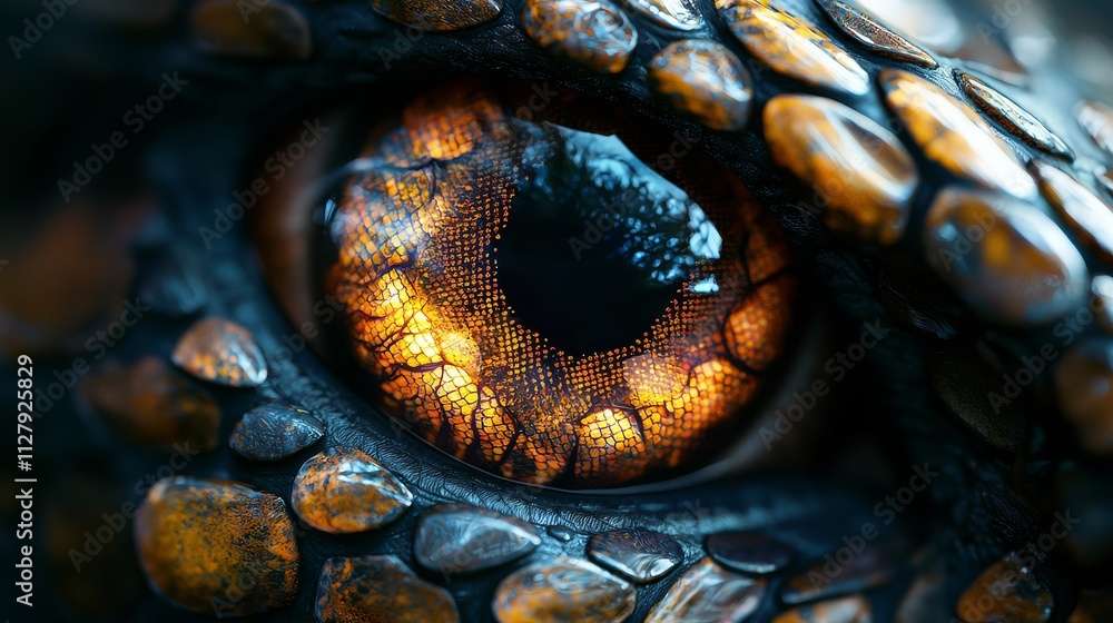Fototapeta premium A close-up of a reptilian eye showcasing intricate textures and vibrant colors, highlighting its fierce and captivating appearance.
