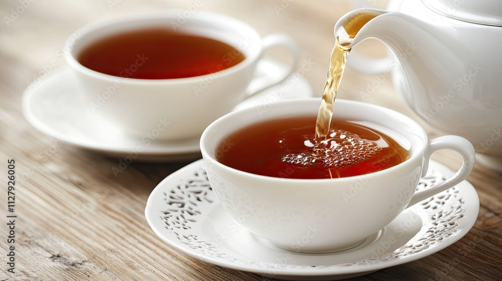 Freshly Brewed Tea in Elegant White Cups on Wooden Table Freshly Brewed Tea in Elegant White Cups on Wooden Table