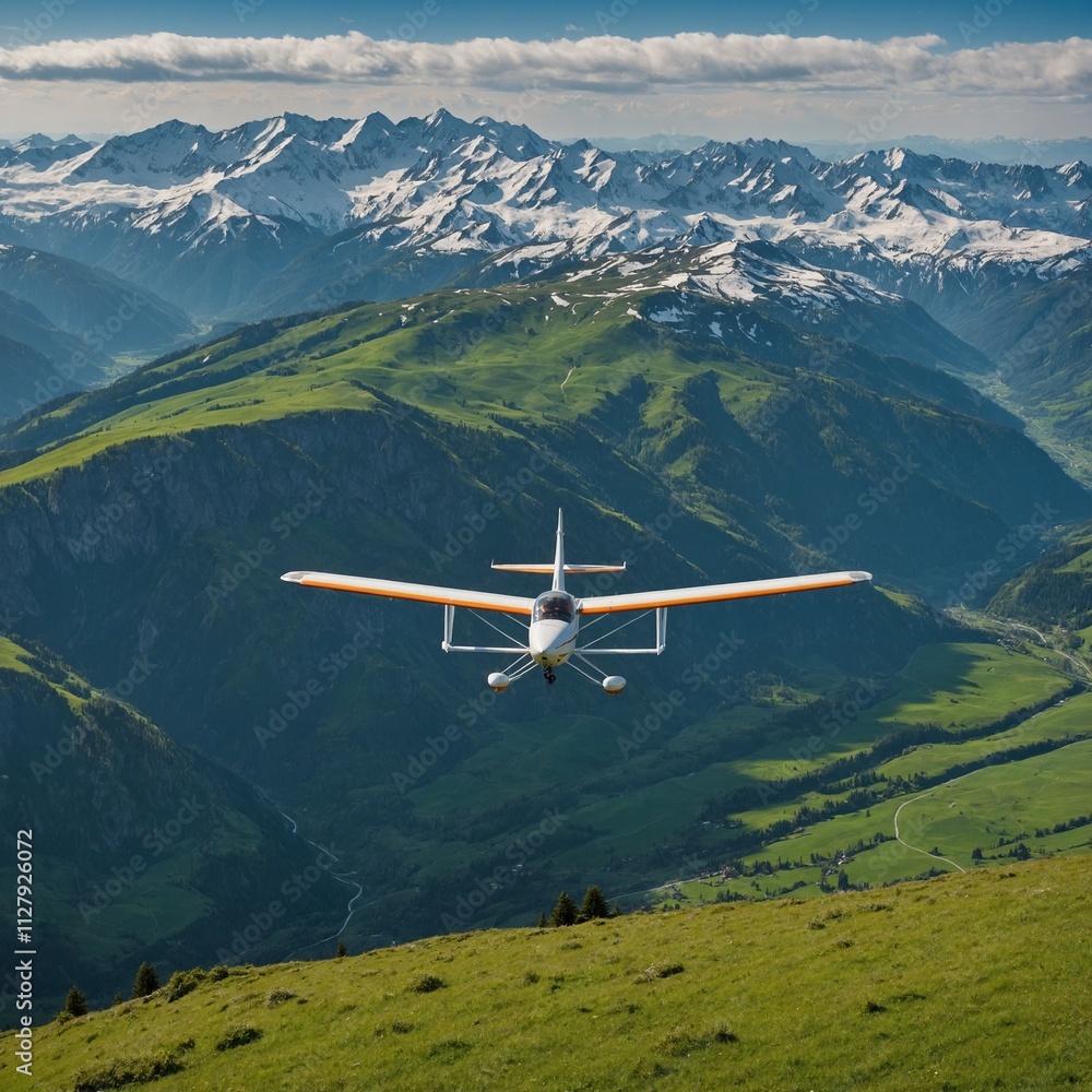 A glider soaring high above a vibrant green valley with distant snow-capped mountains in the background. A glider soaring high above a vibrant green valley with distant snow-capped mountains in the background.