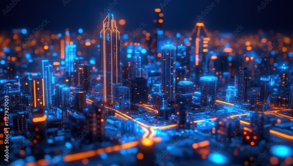 Fototapeta premium Futuristic Cityscape at Night with Bright Neon Lights and Tall Skyscrapers Reflecting Modern Urban Design and Technology in a Vibrant Colorful Environment