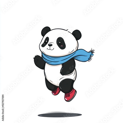 Joyful panda in blue scarf jumping. photo