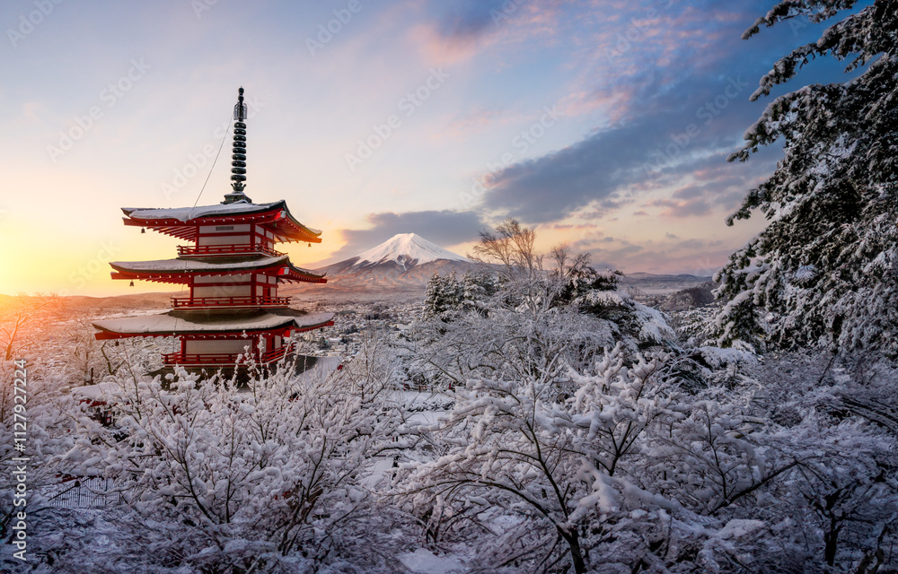 Fujiyoshida, Japan Beautiful view of mountain Fuji and Chureito pagoda at sunrise of Mount Fuji during winter.This is one of the famous spot to take pictures of Mount Fuji.
Fujiyoshida, Japan Beautiful view of mountain Fuji and Chureito pagoda at sunrise of Mount Fuji during winter.This is one of the famous spot to take pictures of Mount Fuji.
