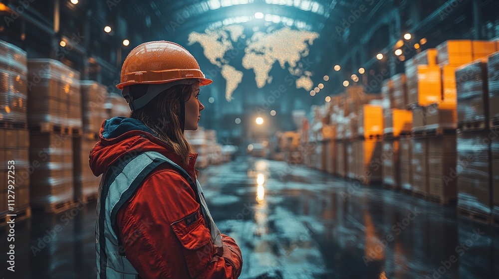 Worker Analyzes Supply Chain Management Map in Warehouse Highlighting Global Trade and Logistics Worker Analyzes Supply Chain Management Map in Warehouse Highlighting Global Trade and Logistics