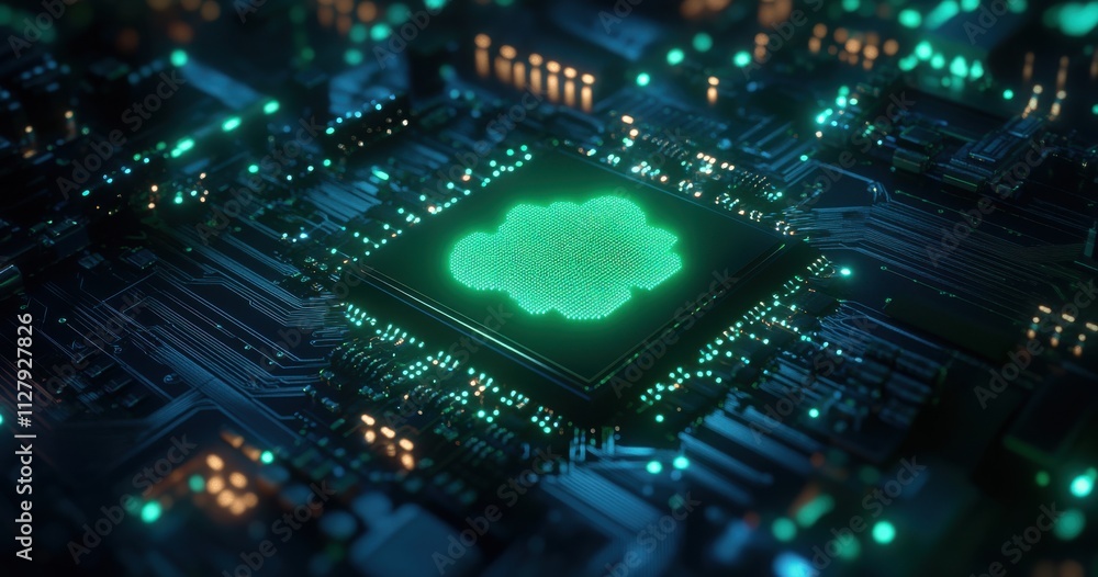 Futuristic Close-Up of a Circuit Board with Neon Lights and Digital Cloud Icon Illustrating Technology and Connectivity in the Modern Age Futuristic Close-Up of a Circuit Board with Neon Lights and Digital Cloud Icon Illustrating Technology and Connectivity in the Modern Age
