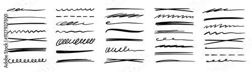 Line pen brush marker stroke underline vector set. Hand drawn doodle sketch pen brush stroke scribble underline. Marker emphasis doodle sketch grunge highlight. Vector illustration