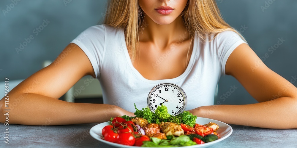 A young woman eagerly awaits her mealtime, symbolizing intermittent fasting and keto diets, with a clock and a plate of healthy food in front of her A young woman eagerly awaits her mealtime, symbolizing intermittent fasting and keto diets, with a clock and a plate of healthy food in front of her
