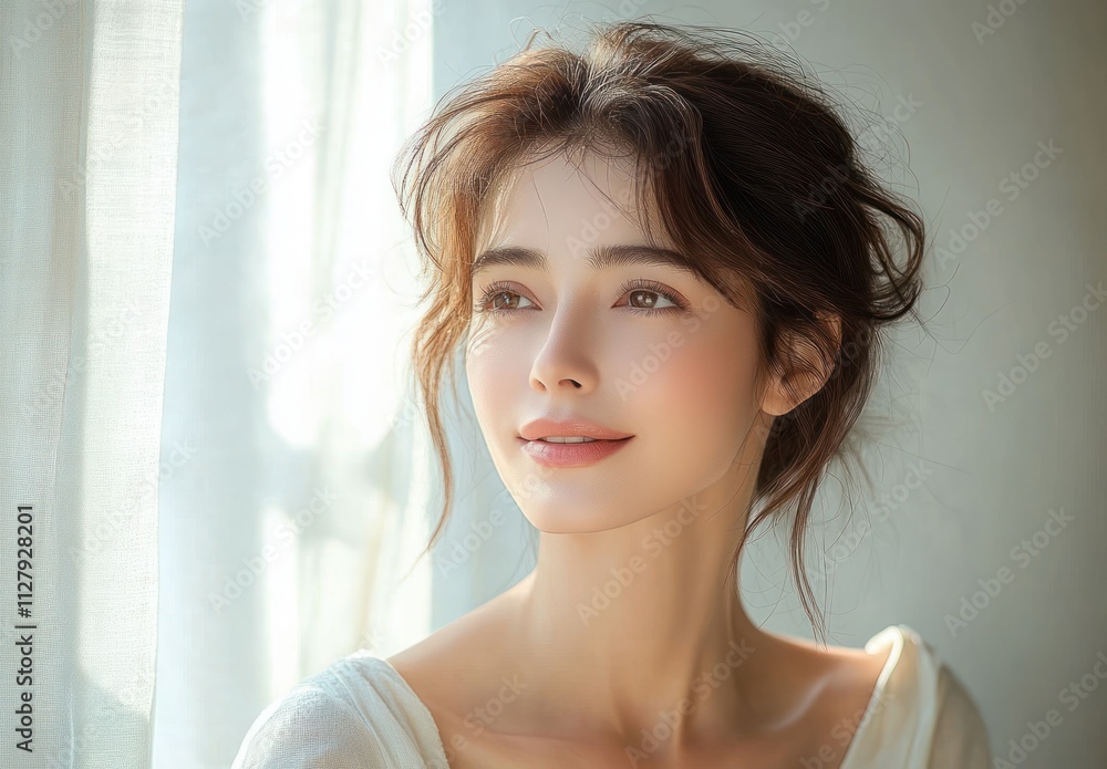 Serene Portrait of Middle-Aged Woman with Natural Light Delicate Skin Beauty Makeup Serene Portrait of Middle-Aged Woman with Natural Light Delicate Skin Beauty Makeup