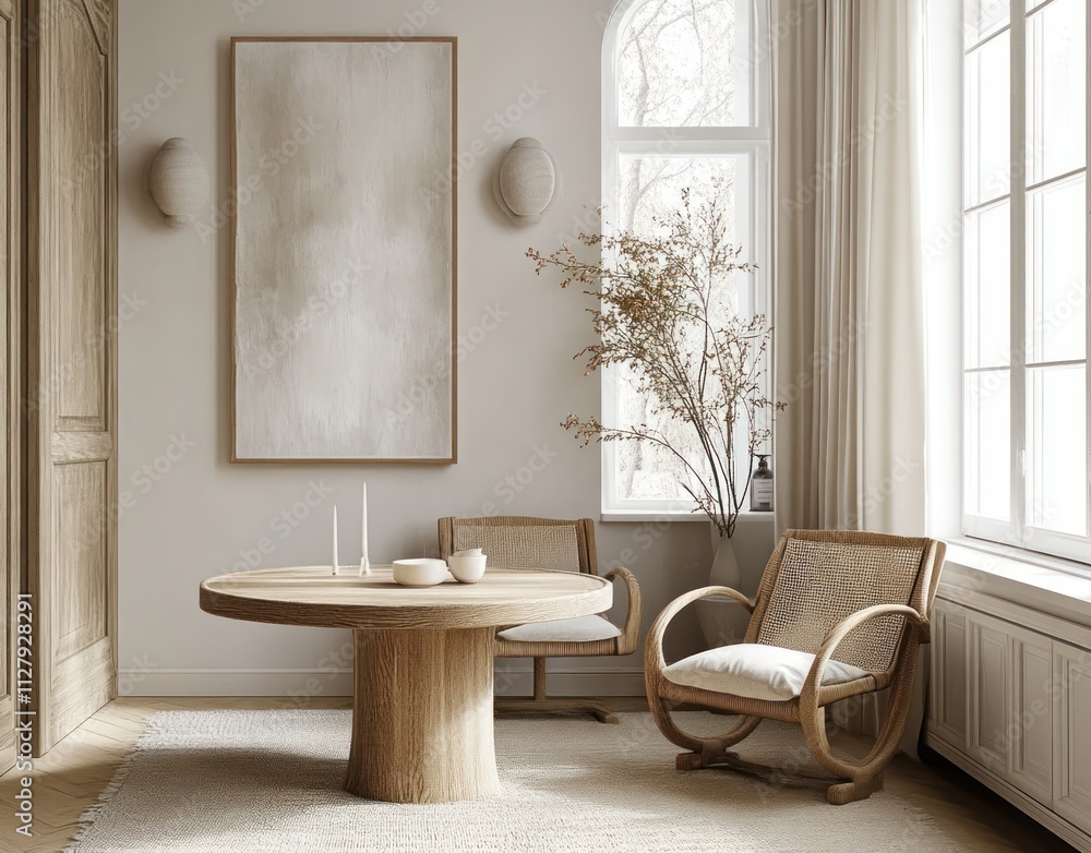 Cozy Modern Kitchen Interior Design with Round Wooden Table and Elegant Chairs in Muted Colors Cozy Modern Kitchen Interior Design with Round Wooden Table and Elegant Chairs in Muted Colors