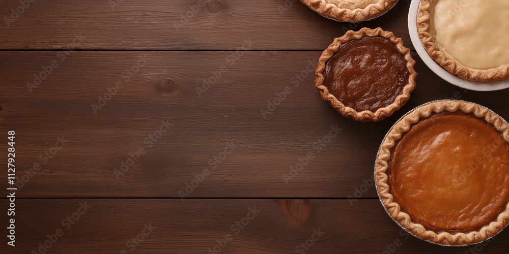 An enticing collection of various pies on a rustic wooden table, showcasing the comforting nature of homemade desserts, perfect for food presentations or autumn-themed designs. An enticing collection of various pies on a rustic wooden table, showcasing the comforting nature of homemade desserts, perfect for food presentations or autumn-themed designs.