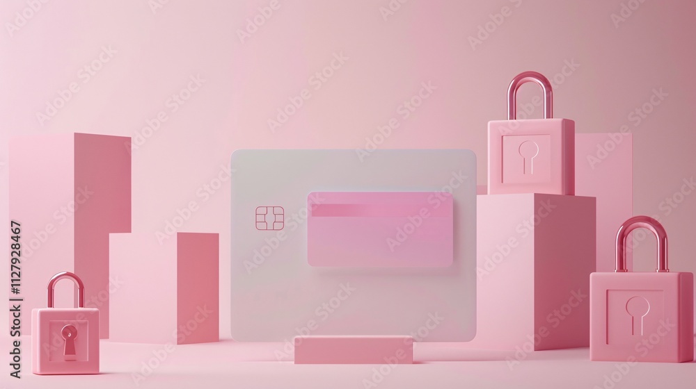 Elegant pink geometric abstract scene featuring various hanging 3D cube shapes cubes and locks Minimalist modern design layout suitable for interior product display poster or billboard template Elegant pink geometric abstract scene featuring various hanging 3D cube shapes cubes and locks Minimalist modern design layout suitable for interior product display poster or billboard template