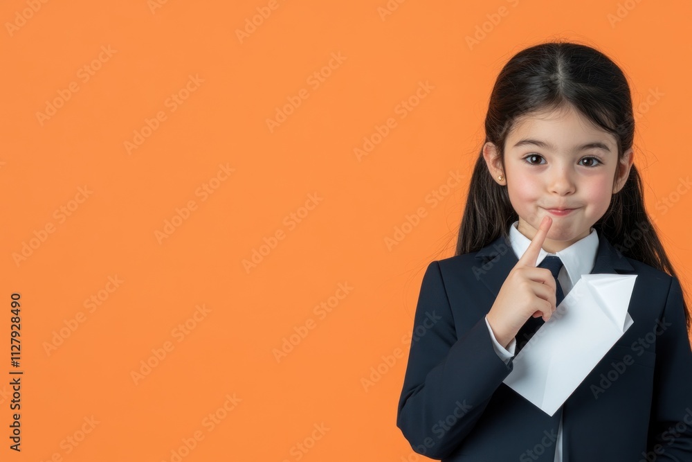 Thoughtful girl in suit with paper plane, orange background. Thoughtful girl in suit with paper plane, orange background.
