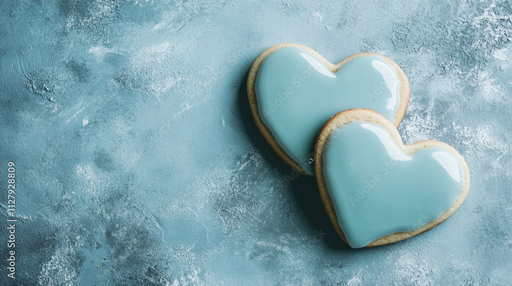 Fototapeta premium Heart-shaped cookies with blue icing ready for Valentine's Day celebration in a cozy kitchen