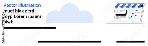 Laptop with a blue-striped awning, cloud icon at the top, and digital storefront elements. Ideal for e-commerce, cloud services, web development, online store setups, UIUX design, marketing