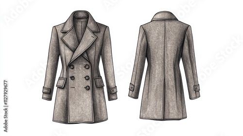 Ultra detailed, photorealistic fashion design sketch of a luxurious wool coat