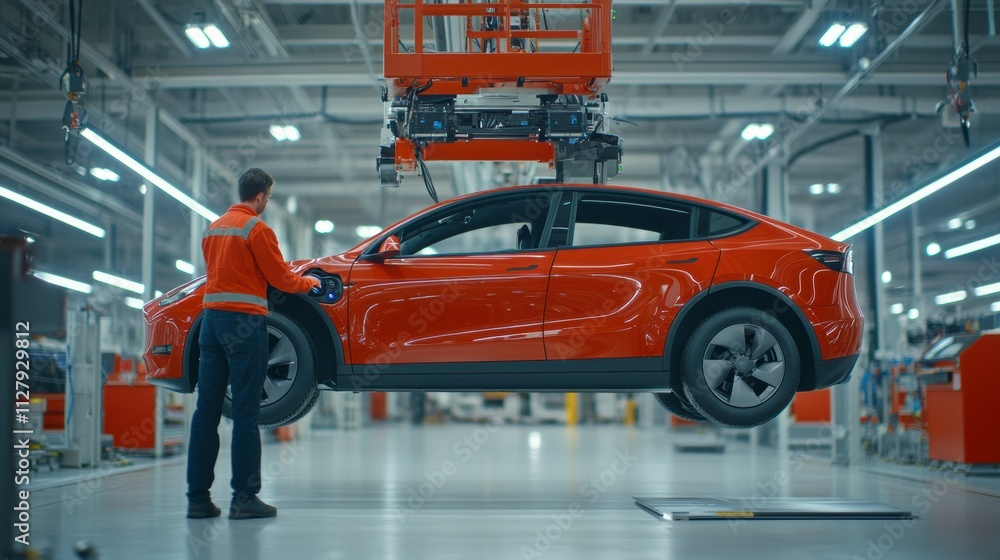 Fototapeta premium Cutting-edge automotive assembly: Red electric vehicle under inspection in advanced factory, showcasing innovative manufacturing and quality control.