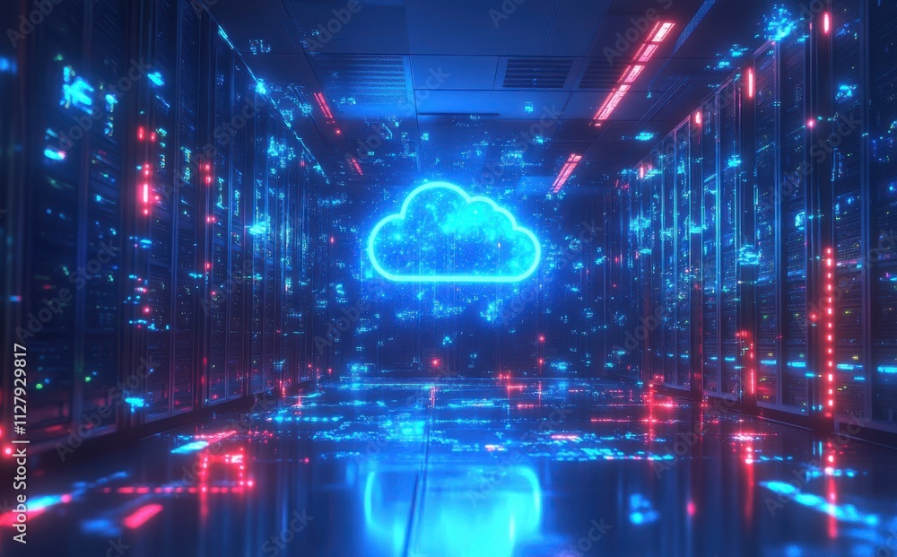 Futuristic Data Center Interior with Illuminated Cloud Icon, Neon Lights Reflecting on Floor, High-Tech Environment for Cloud Computing and Digital Services Futuristic Data Center Interior with Illuminated Cloud Icon, Neon Lights Reflecting on Floor, High-Tech Environment for Cloud Computing and Digital Services