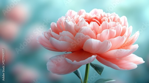 Delicate peach-colored peony flower in soft focus,  with gentle teal background, showcasing a beautiful blossom.