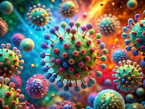 Surreal Close-Up of Vibrant Virus Particles Floating in a Microscopic Environment, Showcasing Intricate Structures and Ethereal Colors for Scientific Imagery