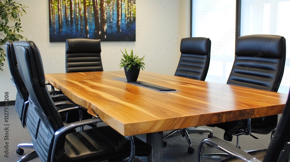 Modern conference room with large wooden table, black leather chairs, and artwork. Modern conference room with large wooden table, black leather chairs, and artwork.