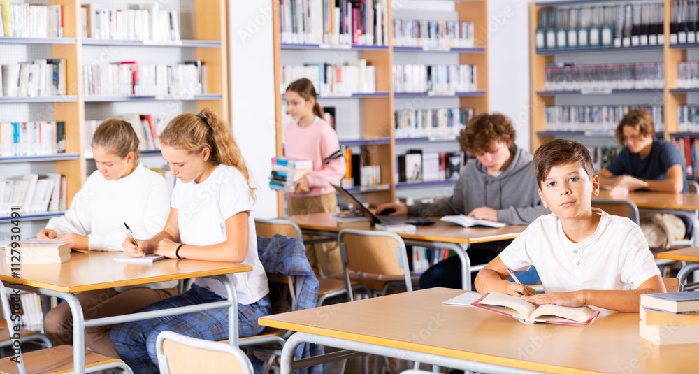 Portrait of a schoolboy preparing for an exam in the school library Portrait of a schoolboy preparing for an exam in the school library