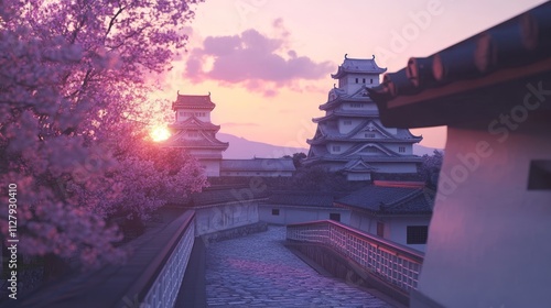 Wallpaper Mural Sunset, Japanese castle, cherry blossoms, stone path. Torontodigital.ca