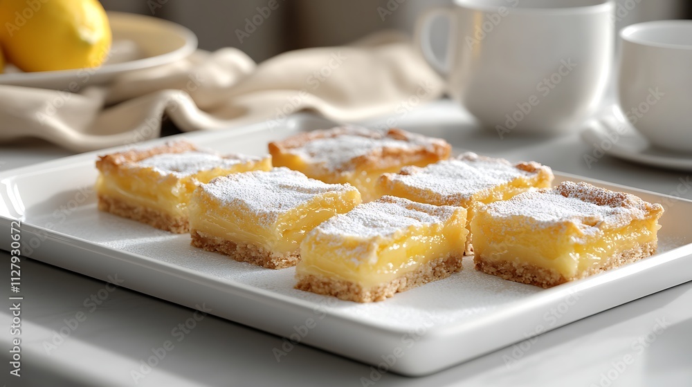 A delightful plate of lemon bars dusted with powdered sugar on a white tray A delightful plate of lemon bars dusted with powdered sugar on a white tray