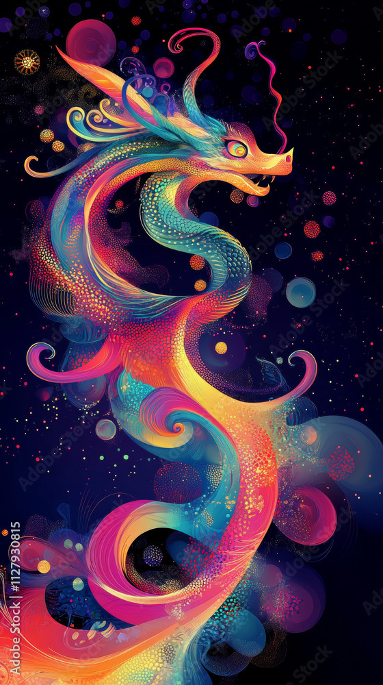 Obraz premium Rainbow Dragon Fractal Art: Vibrant, Colorful, Minimalist Vector Graphic
