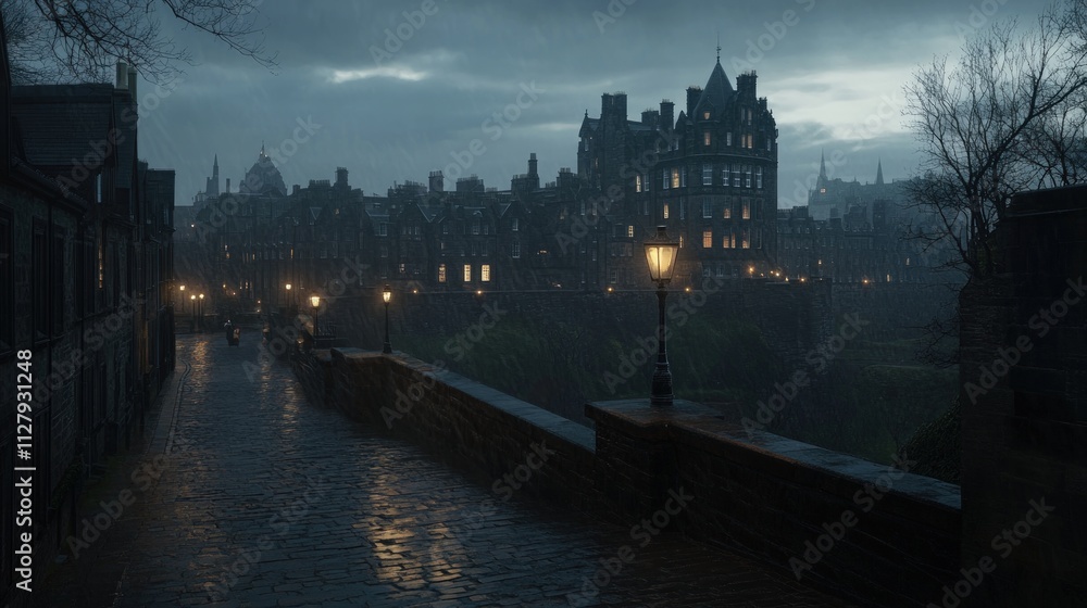 Naklejka premium Rainy night, cobblestone street, lit city buildings.