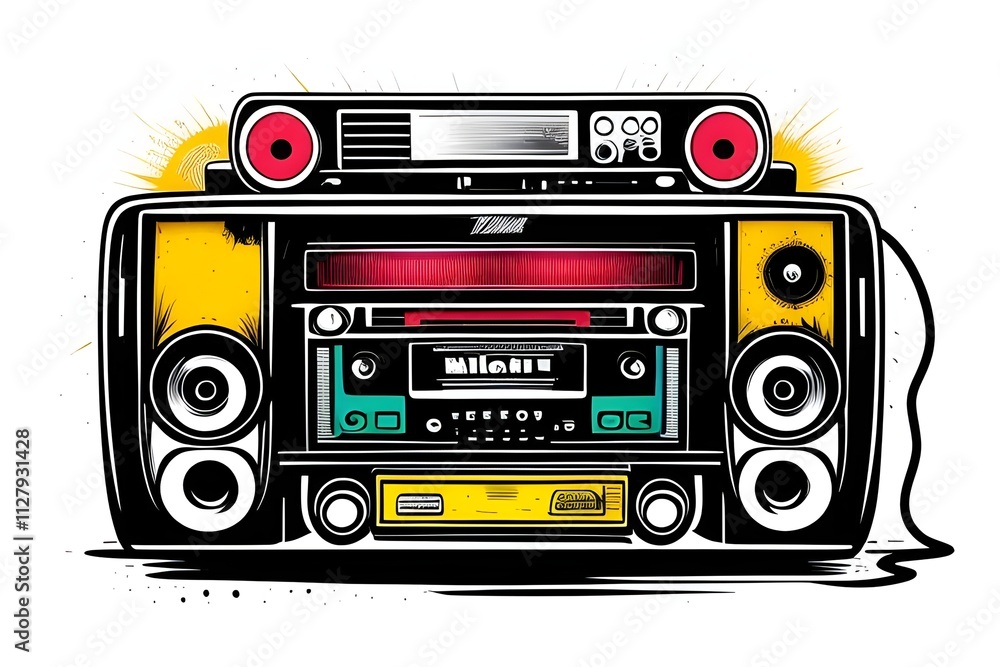 Fototapeta premium Illustration of a colorful retro 1980s vintage radio, ghetto blaster, stereo, cassette player, cd player. Speakers, sound, music, loud, entertainment, songs, boom, box, cd, tape, audio, volume, bass