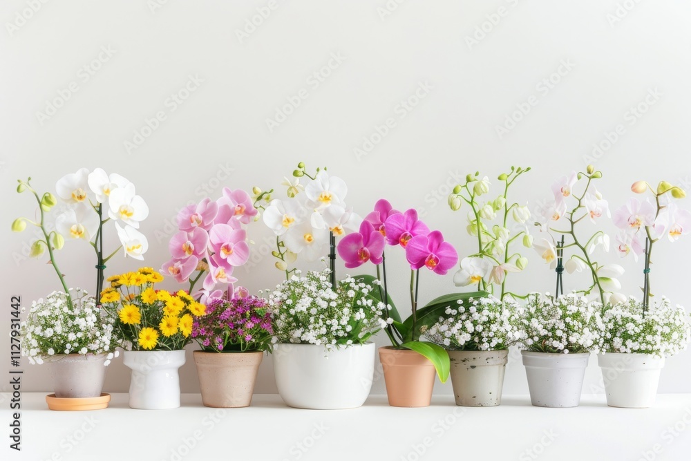 A Row of Potted Orchids and Other Flowers A Row of Potted Orchids and Other Flowers