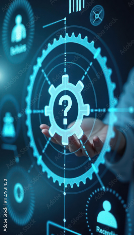 Doctor interacts with virtual medical governance interface. Tech icons show compliance gear, question mark. Modern healthcare tech concept. Illustrates risk management, healthy strategy. Person uses Doctor interacts with virtual medical governance interface. Tech icons show compliance gear, question mark. Modern healthcare tech concept. Illustrates risk management, healthy strategy. Person uses