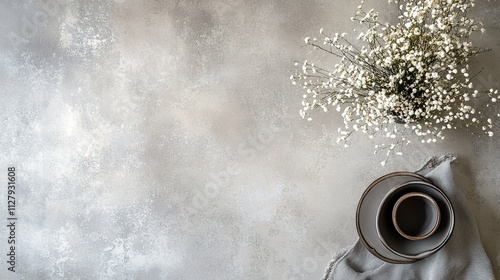 Flat lay of grey tableware, linen napkin and white flowers on a textured grey background.