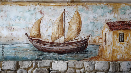 Beautiful fresco painting of a boat in descobrimentos, portugal. Fresco. Illustration photo