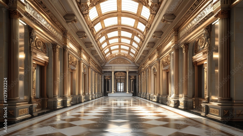 Grand, ornate hallway; gold, marble, skylight. Grand, ornate hallway; gold, marble, skylight.