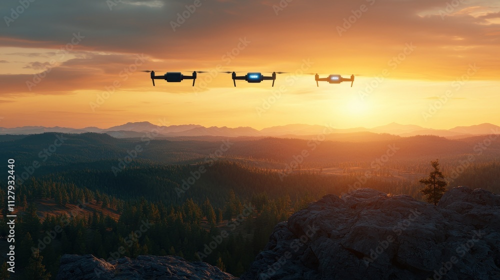 Fototapeta premium Three drones soar in the sky against a stunning sunset backdrop, highlighting the beauty of technology and nature converging.