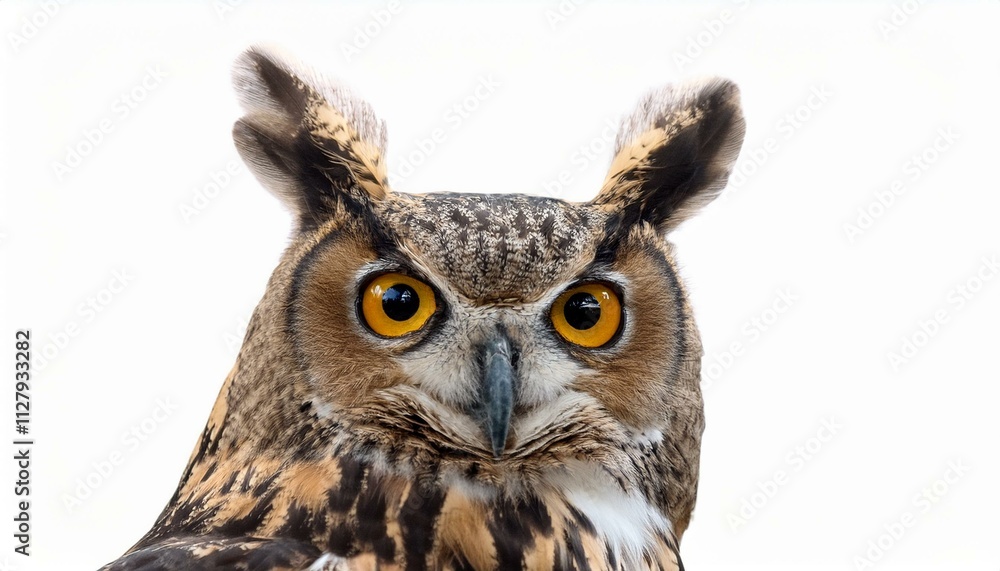 Close-up of a majestic owl with piercing yellow eyes against a white background. Close-up of a majestic owl with piercing yellow eyes against a white background.