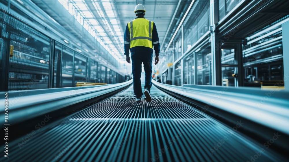 Obraz premium Industrial safety expert in a high-tech factory, inspecting advanced manufacturing equipment and ensuring compliance with industry standards.