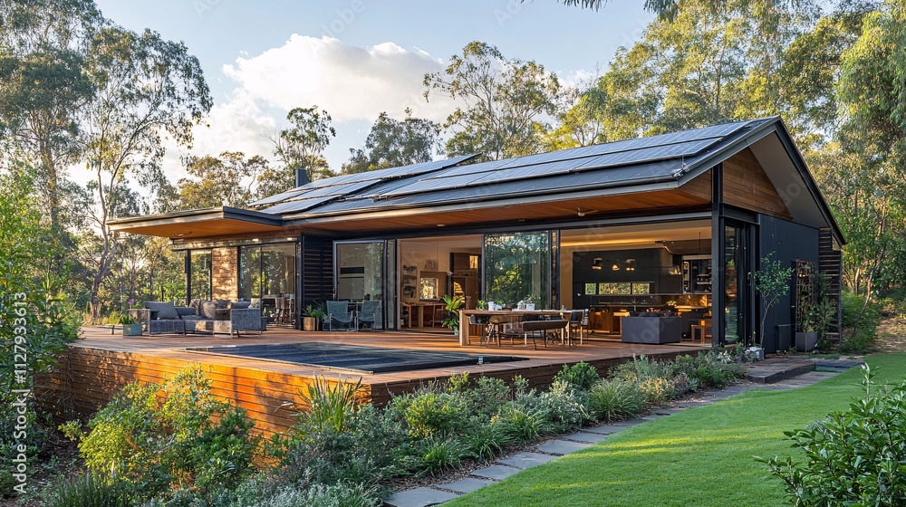 Modern residence with solar panels installed Modern residence with solar panels installed