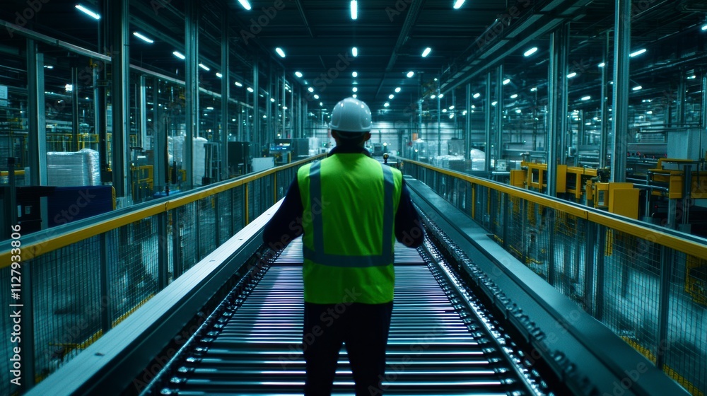 Modern factory worker inspecting advanced automated assembly line in industrial warehouse, ensuring efficiency and quality control standards. Modern factory worker inspecting advanced automated assembly line in industrial warehouse, ensuring efficiency and quality control standards.