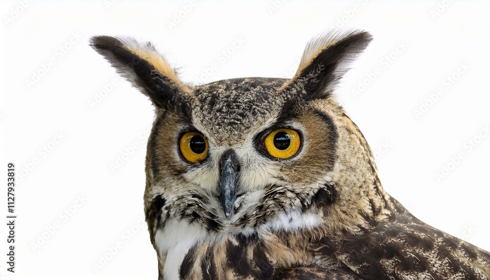 Close-up of a majestic owl with piercing yellow eyes against a white background. Close-up of a majestic owl with piercing yellow eyes against a white background.