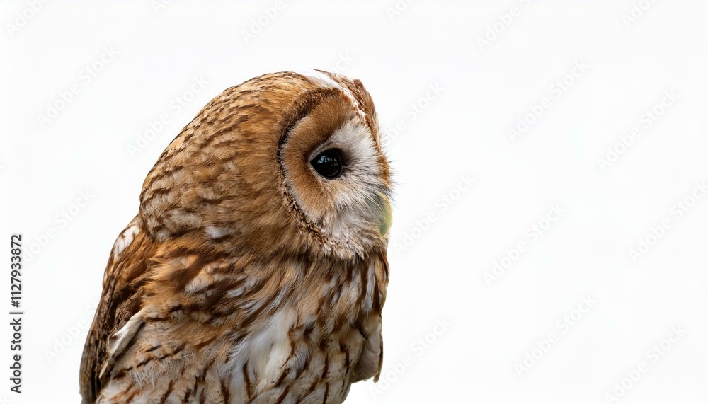 Obraz premium Close-up profile of a tawny owl against a white background. Its feathers are a mix of brown and white, creating a beautiful pattern.