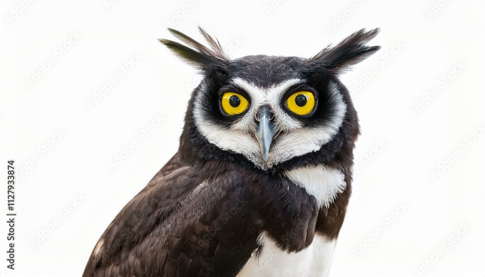 Naklejka premium Spectacular Spectacled Owl with bright yellow eyes stares intensely at the camera.