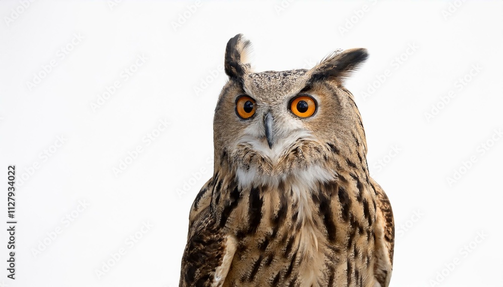 Majestic Eurasian eagle-owl with piercing orange eyes, isolated on white. Majestic Eurasian eagle-owl with piercing orange eyes, isolated on white.