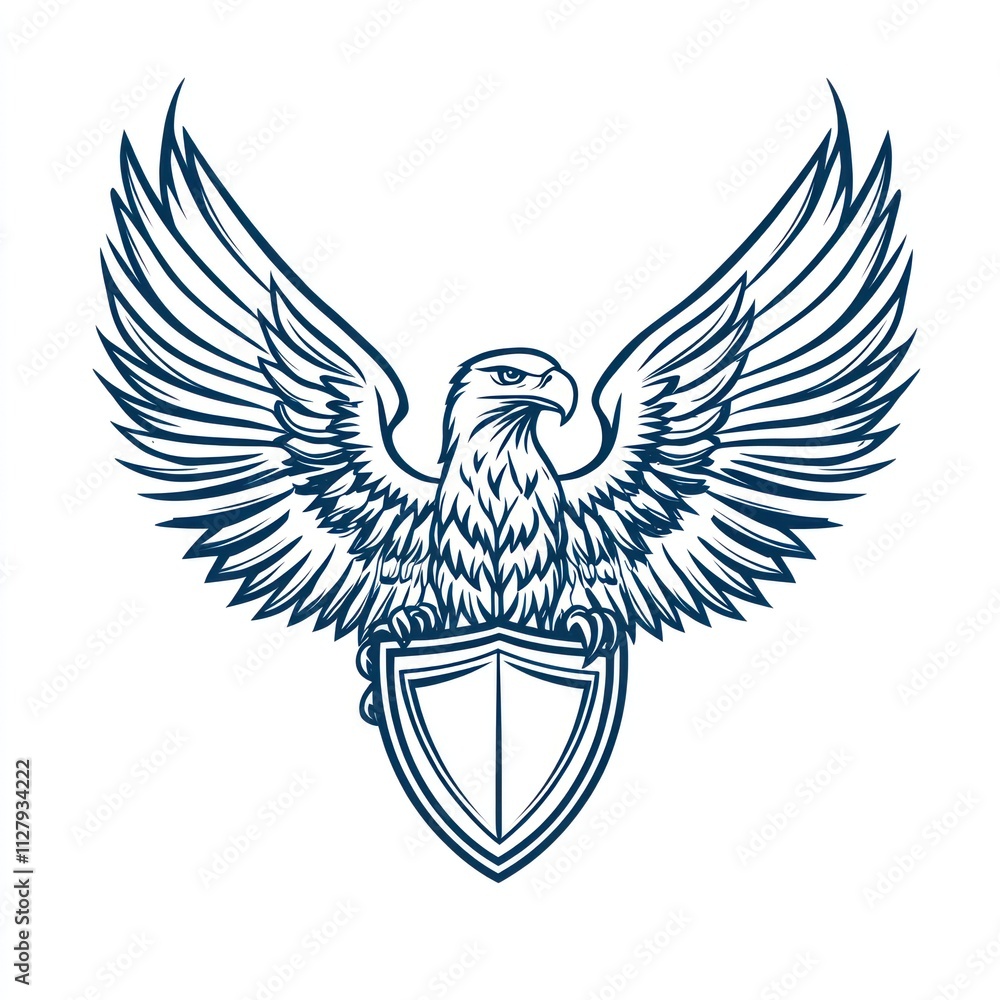 Obraz premium Majestic eagle with wings spread wide, perched atop a shield.