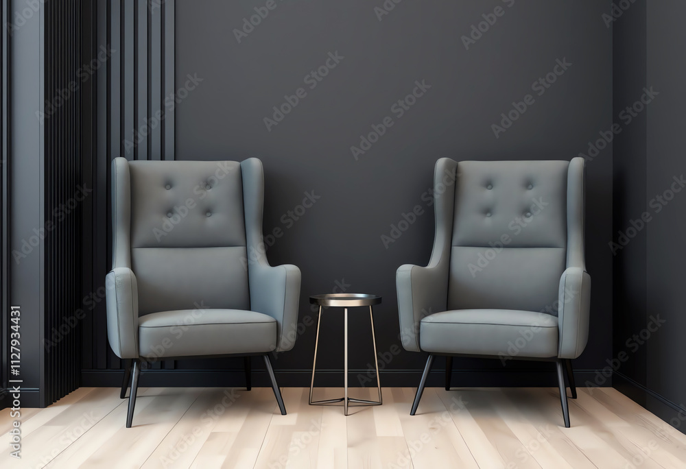 Modern Minimalist Lounge Chairs with Side Table in Elegant Setting Modern Minimalist Lounge Chairs with Side Table in Elegant Setting