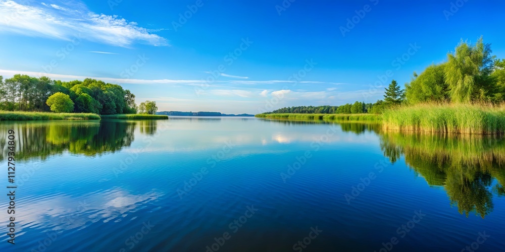 Obraz premium Serene lake reflecting a vibrant summer landscape with lush greenery and a tranquil blue sky