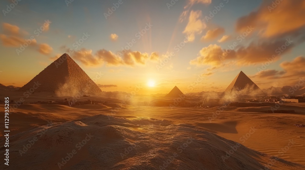 Naklejka premium Desert sunset, three pyramids, sandy dunes.